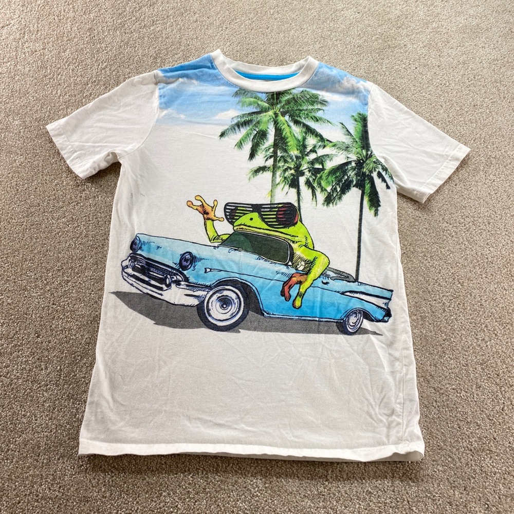 Circo Shirt Youth Boys Large White Frog in Classic Car Palm Trees Graphic‎ Tee